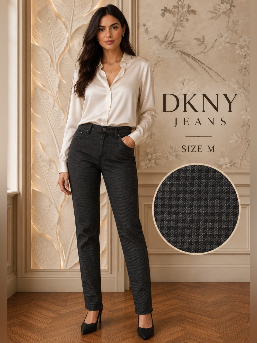 DKNY Jeans Size M Charcoal Houndstooth Slim Straight Stretch Pants Career Chic